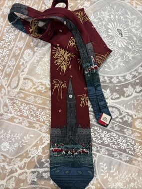 Novelty Canadian & Fireworks Scene Tie in Burgundy and Navy